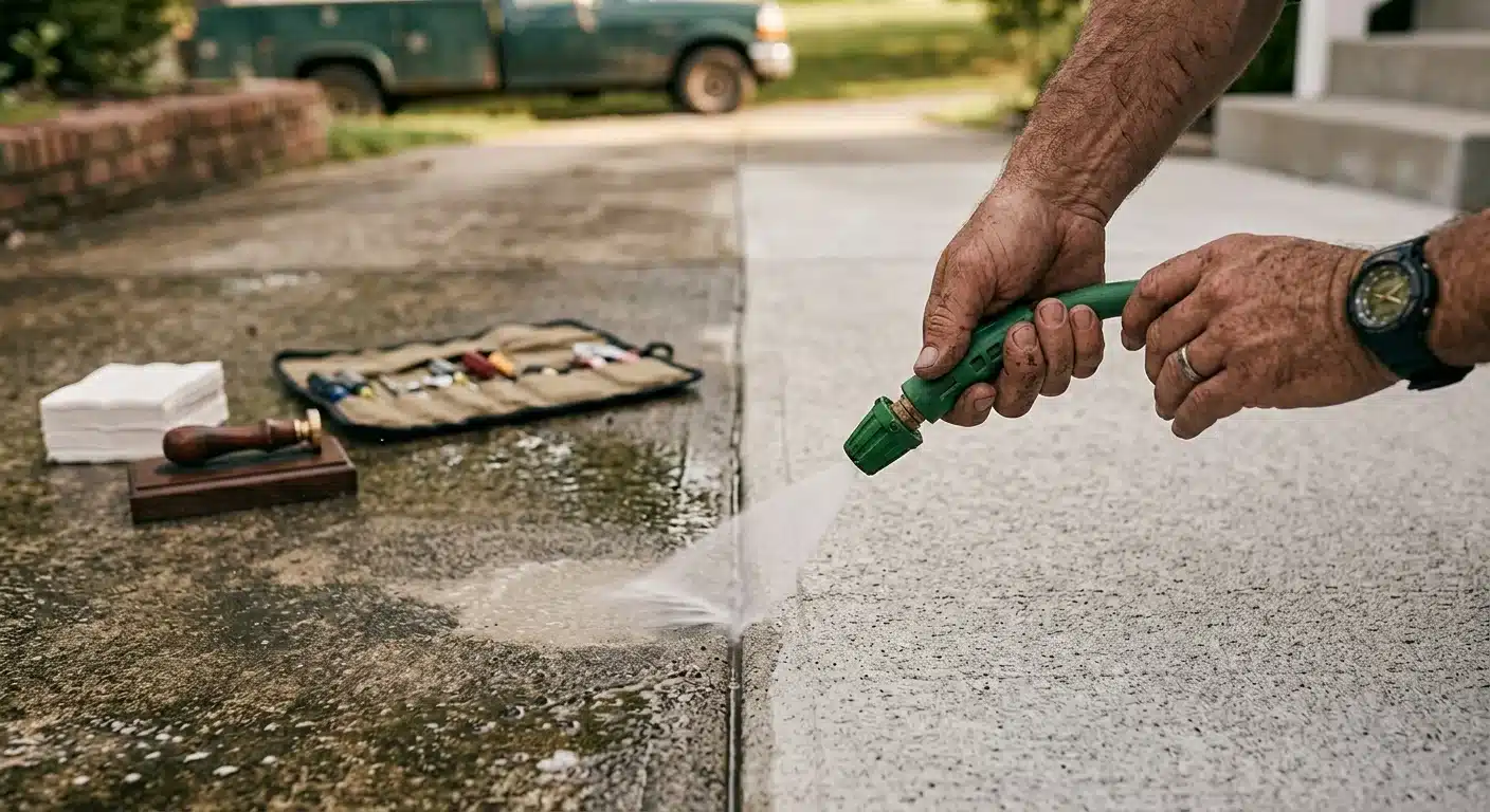 Split-look photo of a pressure washer cleaning a dirty concrete driveway showing visible contrast between clean and dirty concrete