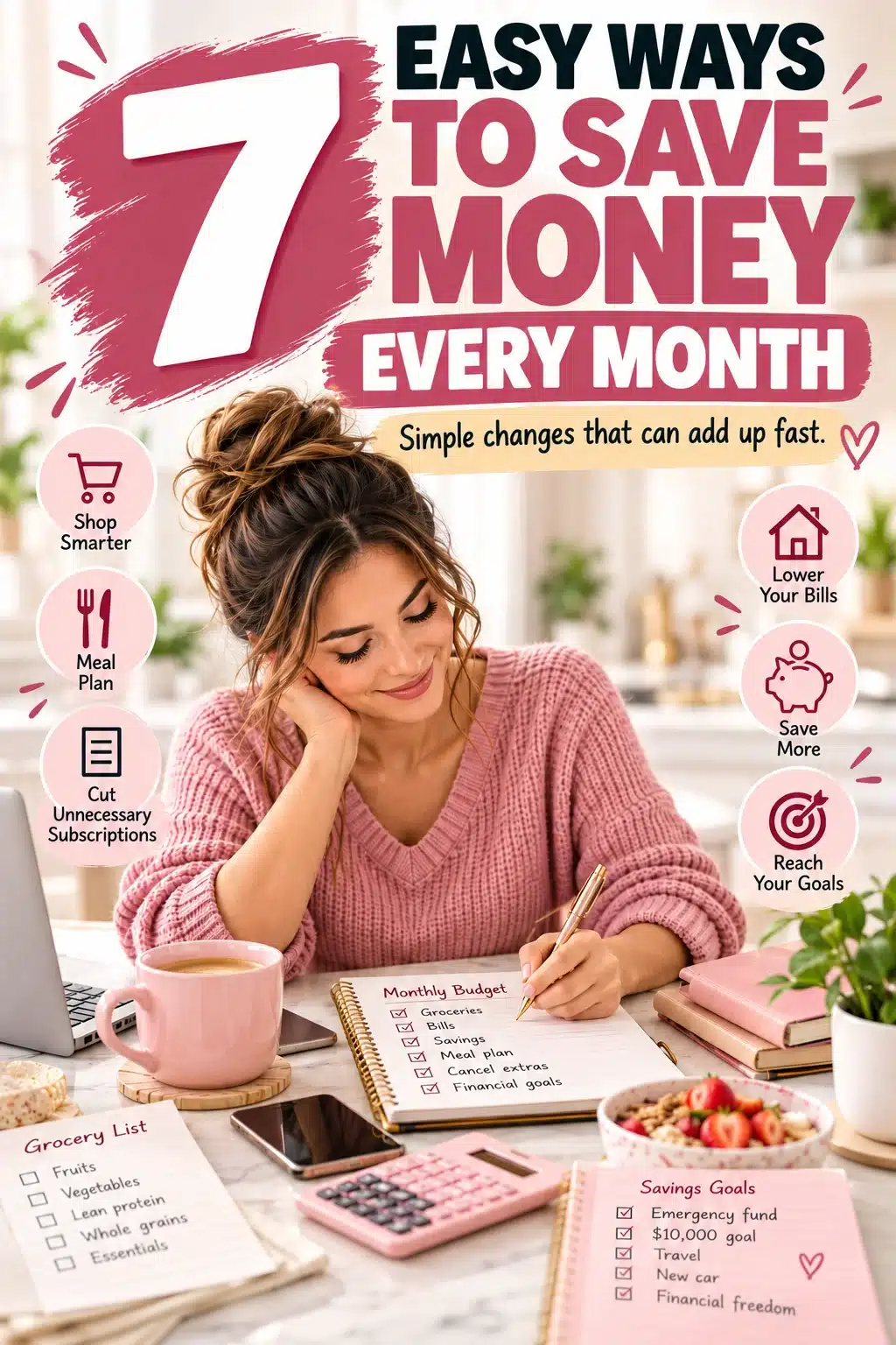 Pinterest pin graphic: 7 Easy Ways to Save Money Every Month — practical budgeting and frugal living tips