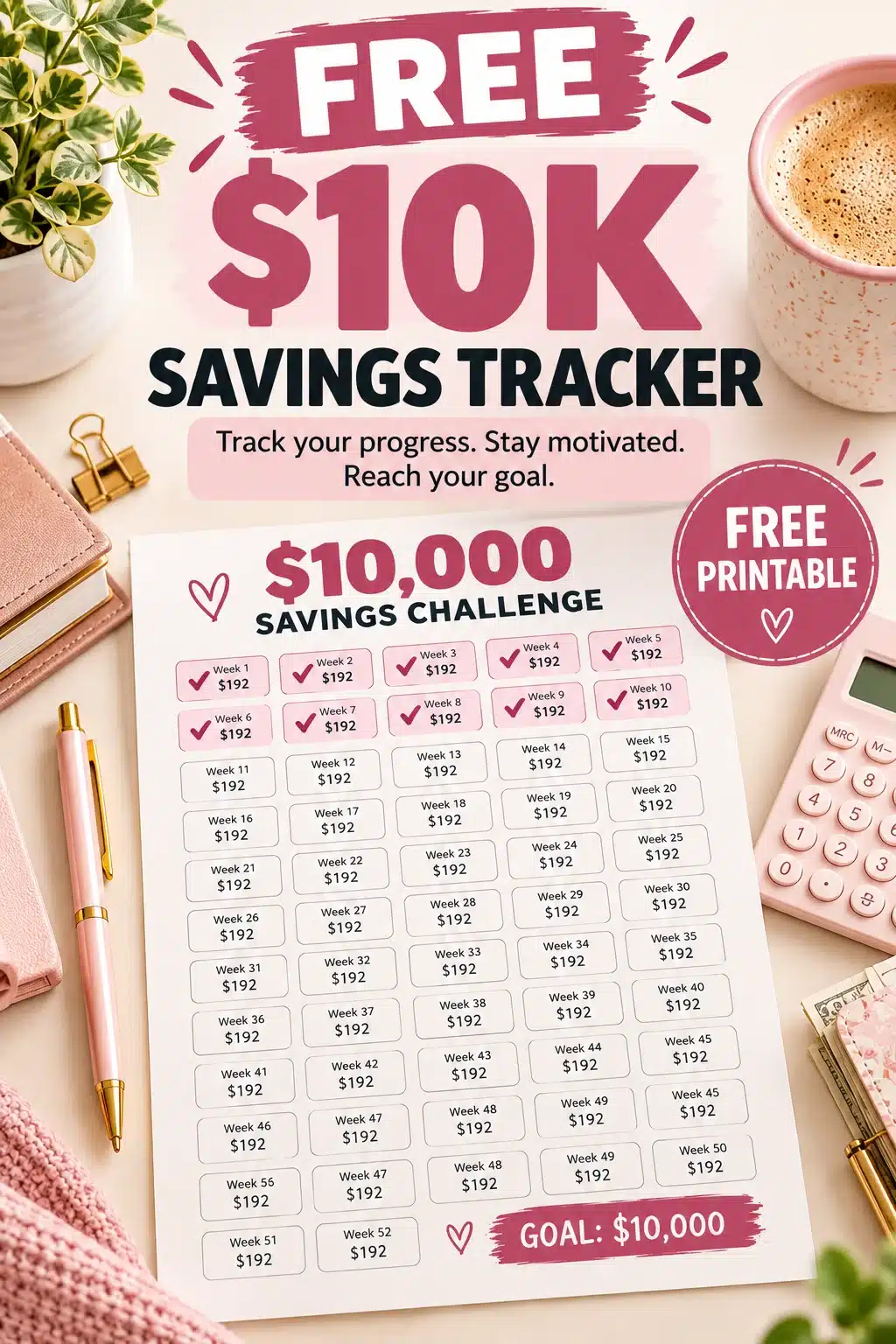 Free printable 52-week $10,000 savings challenge tracker worksheet mockup on a styled wooden desk