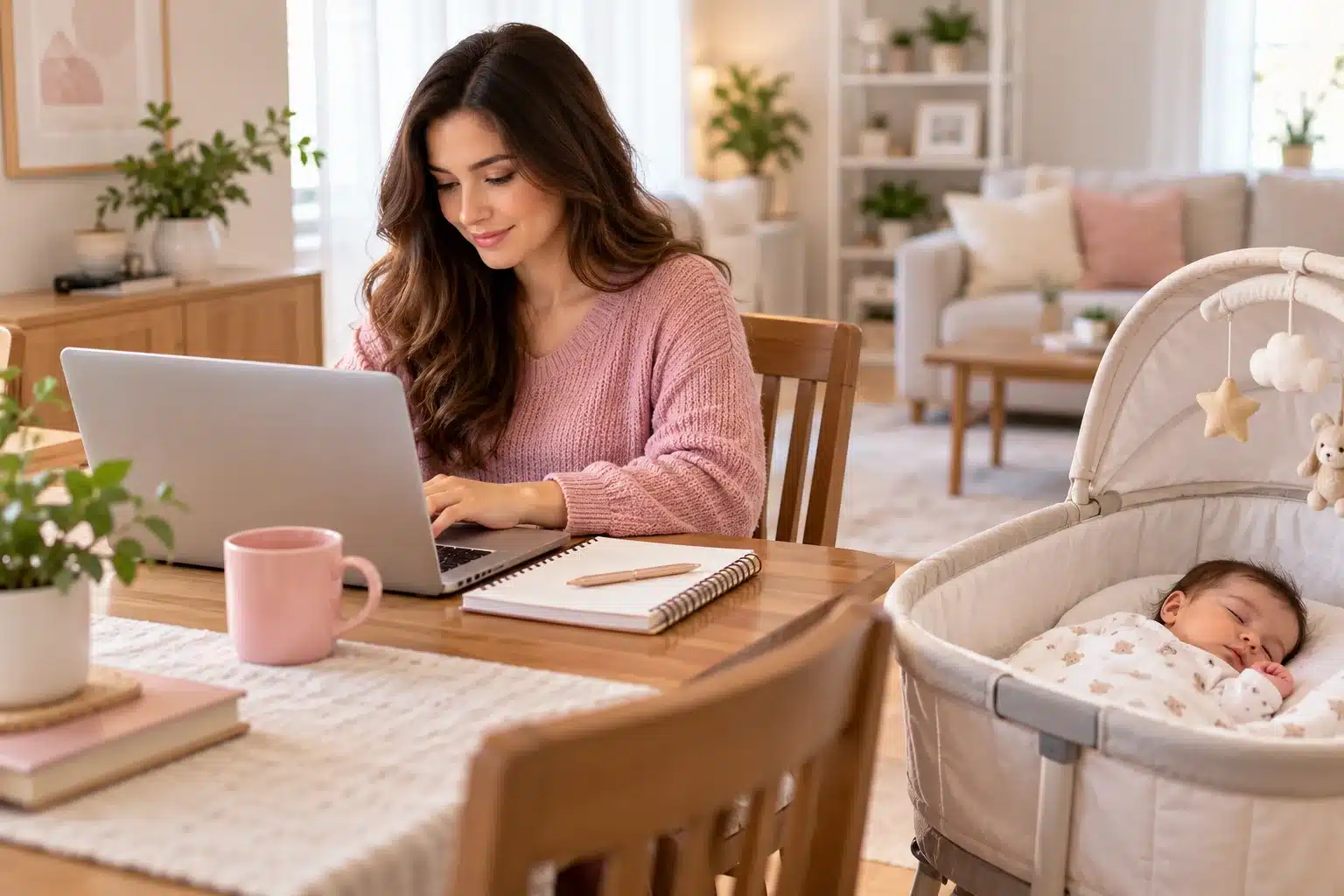 Stay at home mom working on a laptop at the dining table with baby sleeping nearby in a bassinet
