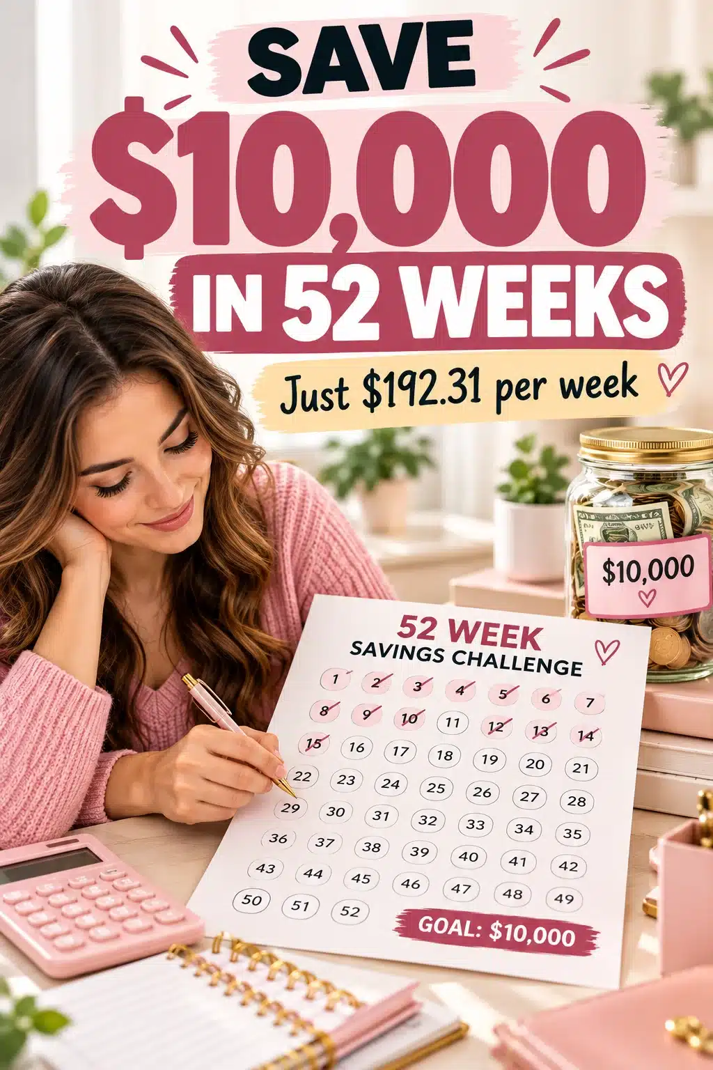 Pinterest pin graphic: Save $10,000 in 52 Weeks — visual printable challenge tracker chart