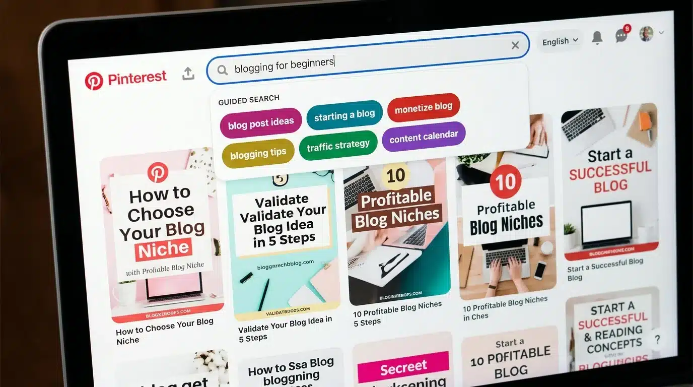 Pinterest search bar showing guided search terms and pin results for blog niche validation