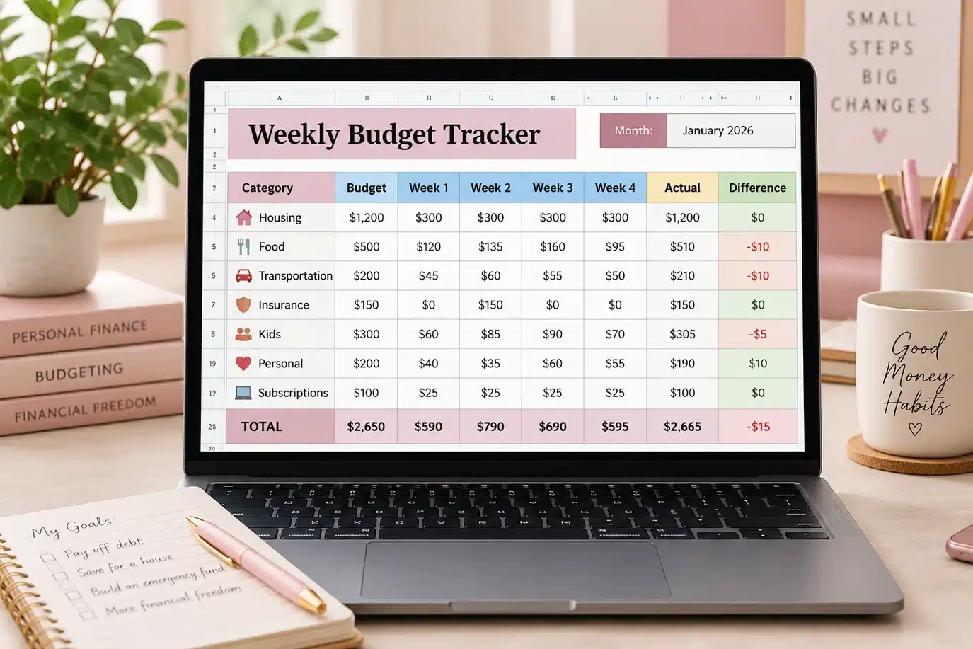 Screenshot mockup of the weekly budget tracker tab in Google Sheets showing date columns and automated difference calculations