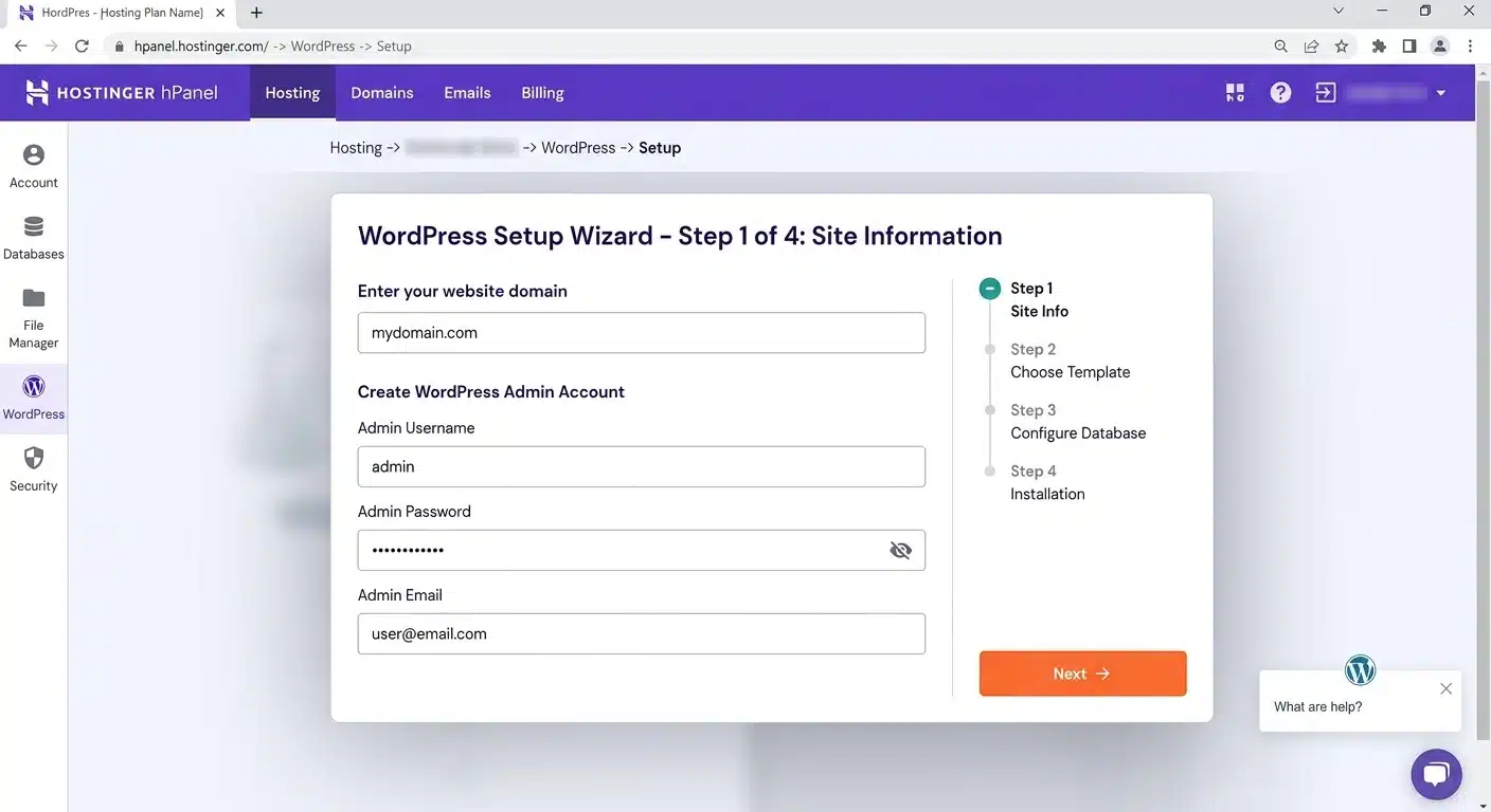 Step-by-step WordPress hosting setup screenshot with Hostinger dashboard