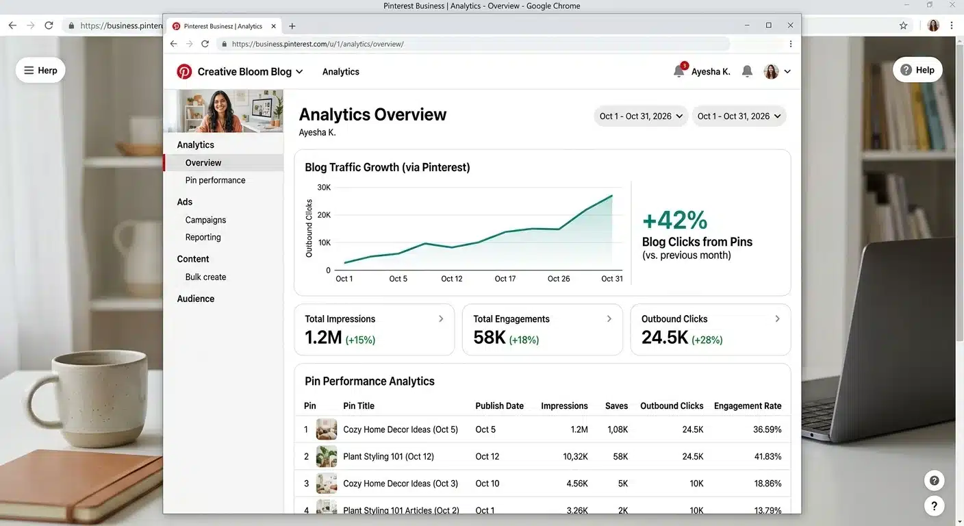 Pinterest business account dashboard showing blog traffic growth and pin analytics