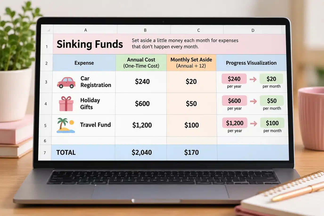 Visual graphic showing sinking fund jars for car registration, holiday gifts, and vacations with small monthly deposits