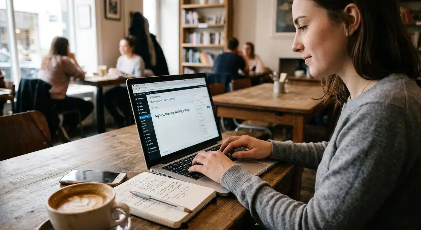 Woman writing her first blog post on a laptop with notebook and coffee nearby